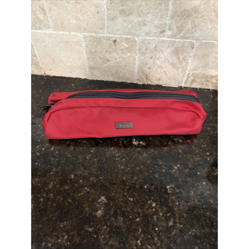 NEW TUMI Zippered Ballistic Nylon Pencil Case Cord Pouch RED w/ BLACK Travel